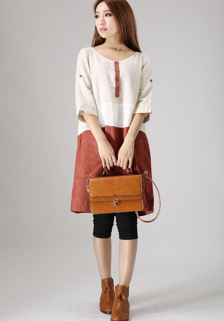 Casual linen block color dress woman patchwork dress 0833# Xiaolizi Casual linen block color dress woman patchwork dress 0833# Xiaolizi