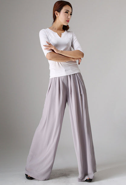 Grey Maxi Chiffon Pants - Wide Leg, Front Zipper 977