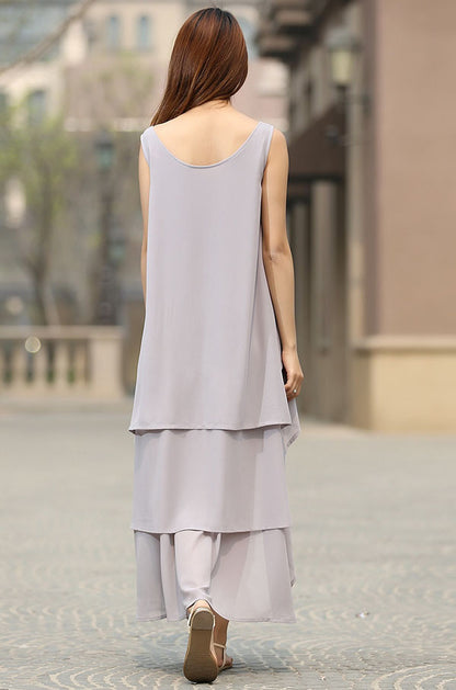 Handmade Gray Chiffon Layered Dress – High Low Hem Summer Maxi | Xiaolizi 932