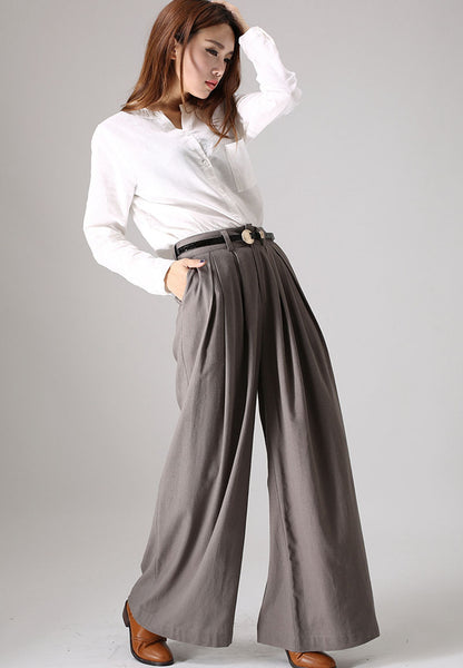 Grey Linen Palazzo Pants - Wide Leg Ankle Length Handmade | Xiaolizi 839