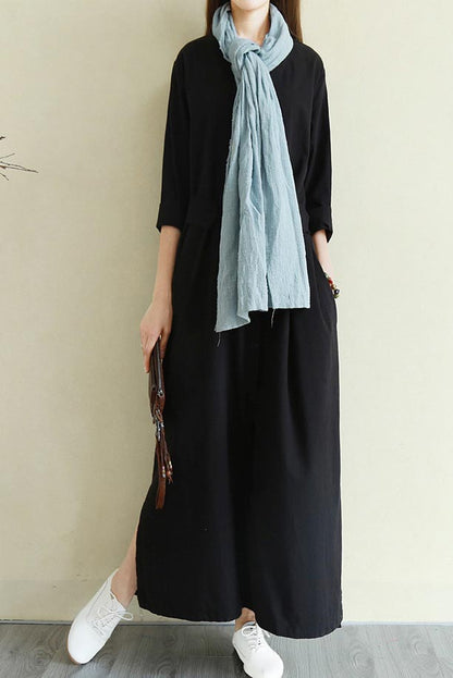 Yellow Linen Maxi Dress - V Neck Long Sleeve Loose Waist CYM341
