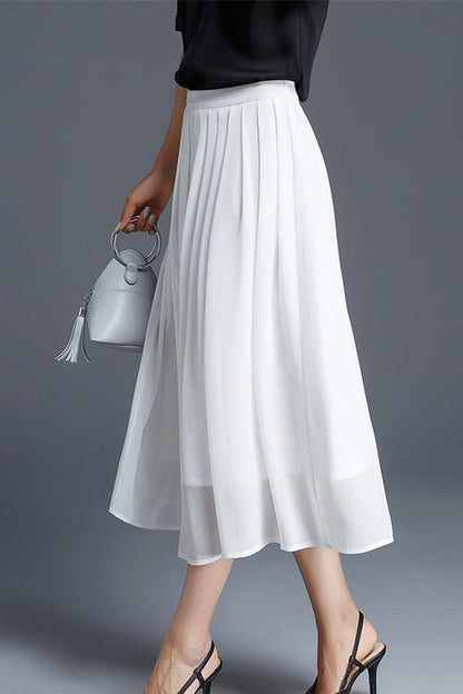 White Chiffon Midi Circle Skirt - Soft Pleated Swing 2901