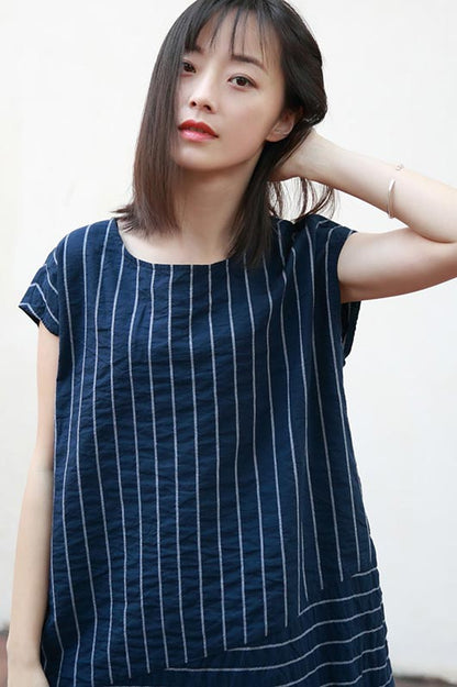 Navy Cotton Dress - Casual Short Sleeve with Thin Stripes CYM313