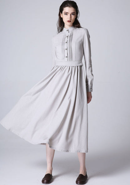 Light Grey Linen Dress - Pleated Front, Tea Length 1178