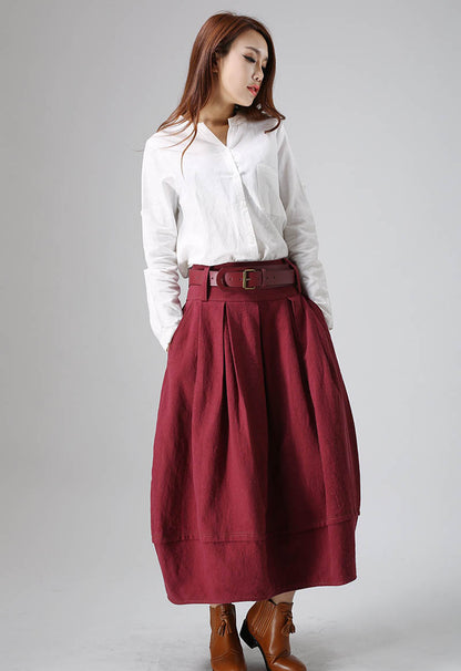Red Linen Pleated Midi Bubble Skirt - Elegant Textured Silhouette 821