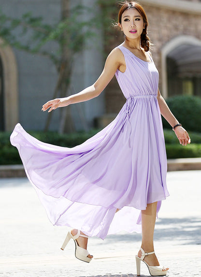 Purple Chiffon Maxi Dress - Irregular Hem with Adjustable Waist 992