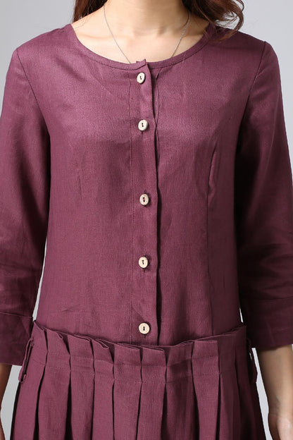 Purple Linen Maxi Dress - Pleated Skirt 3/4 Sleeves | Xiaolizi 802