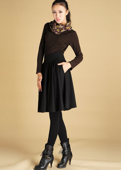 Black Wool Blend Pleated Midi Skirt - Full Circle, Wide Waistband 442
