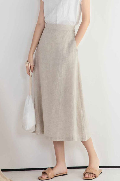 Linen A-Line Midi Skirt - Elastic Waist Two Pockets | Xiaolizi 2396