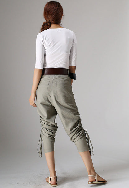 Khaki Cotton Linen Harem Pants - Adjustable Drawstring Detail 980