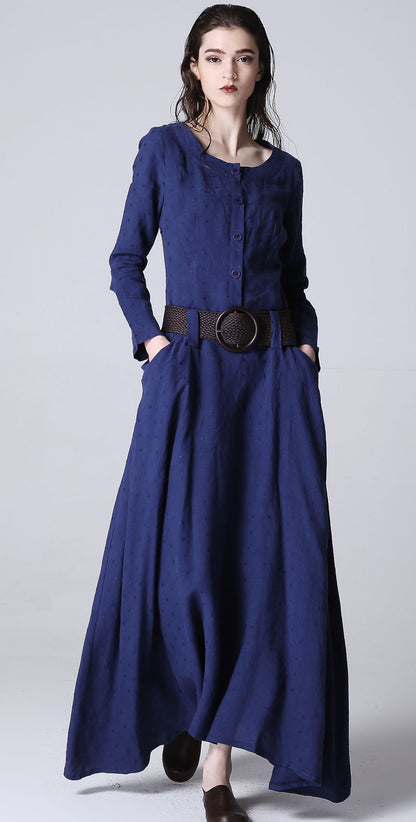 Blue Linen Maxi Dress - Long Sleeve, Round Collar, Casual Elegance 1183