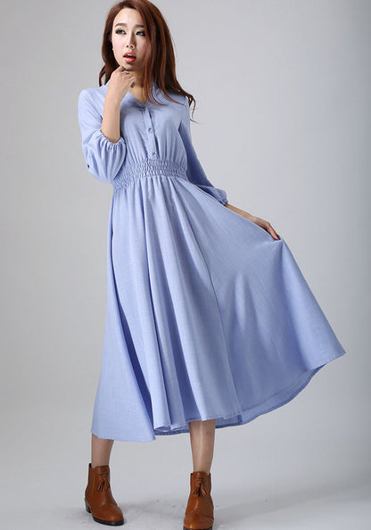 Blue Linen Dress - 3/4 Sleeve Elastic Waist Casual Maxi 796