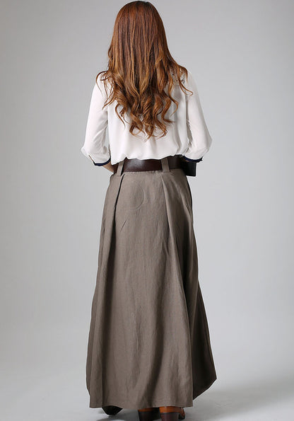 Gray Brown Linen Maxi Skirt – Handmade High Waisted Spring Skirt | Xiaolizi 0905