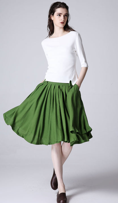 Green Linen Blend Pleated Midi Skirt - Flowy Silhouette 1188