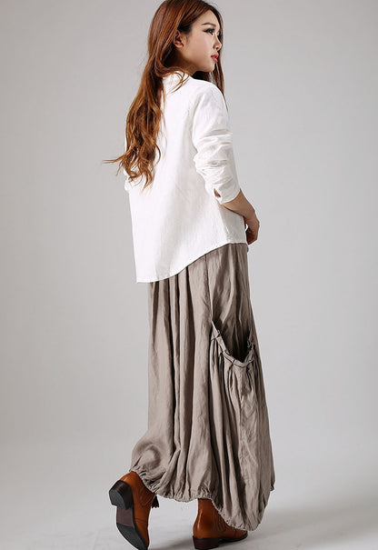 Grey Linen Maxi Skirt - Pleated with Side Pockets 866