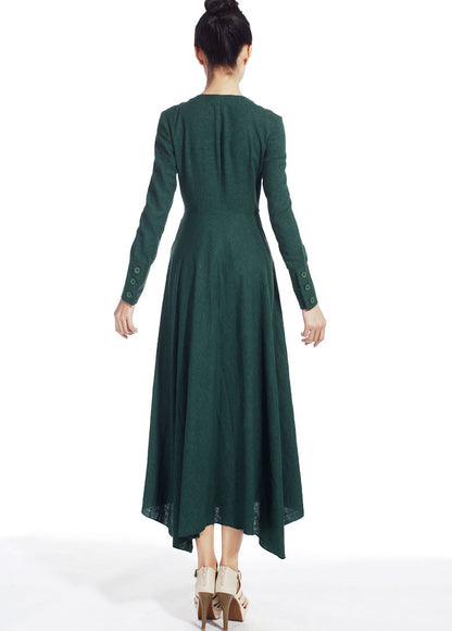 Army Green Linen Maxi Dress - Button Front with Pockets 505