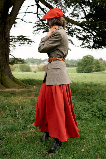 Women A Line Red Pleated Maxi Linen Dress 3576