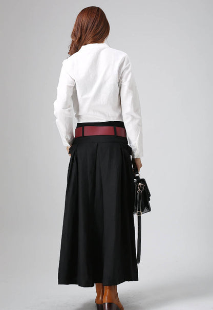 Black Linen Maxi Skirt - Pleated Pockets, Button Front 822