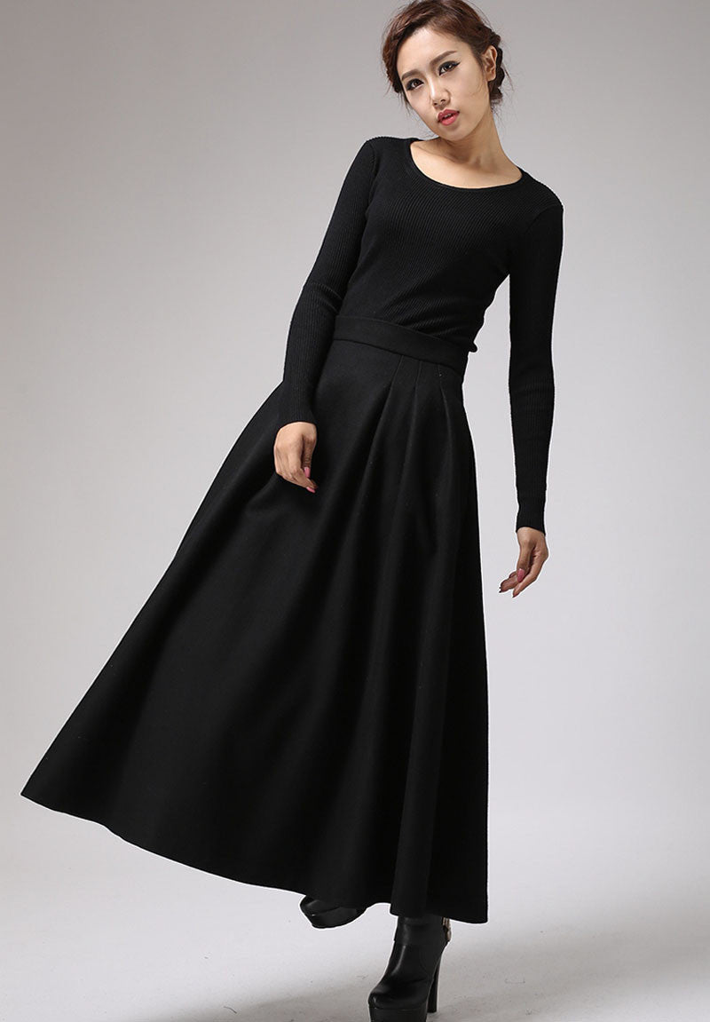 Black wool maxi skirt for winter,  warm skirt with pleated wasitd 0722#