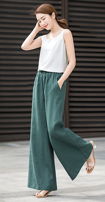 Linen Cotton Wide Leg Palazzo Pants - Elastic Waist Pockets | Xiaolizi 2526
