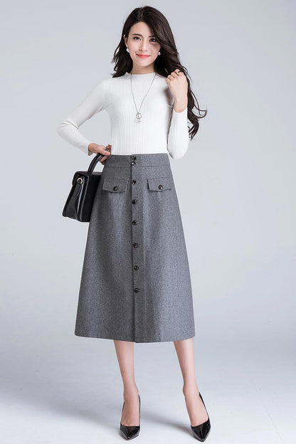 Black Wool Midi Skirt - A-Line High Waist Silhouette S012