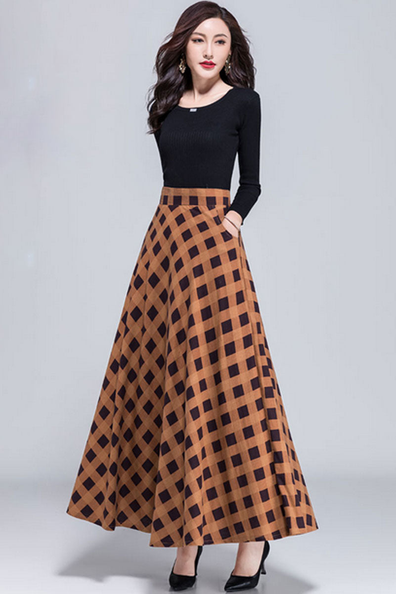Women Yellow Plaid Maxi Linen Skirt 3054