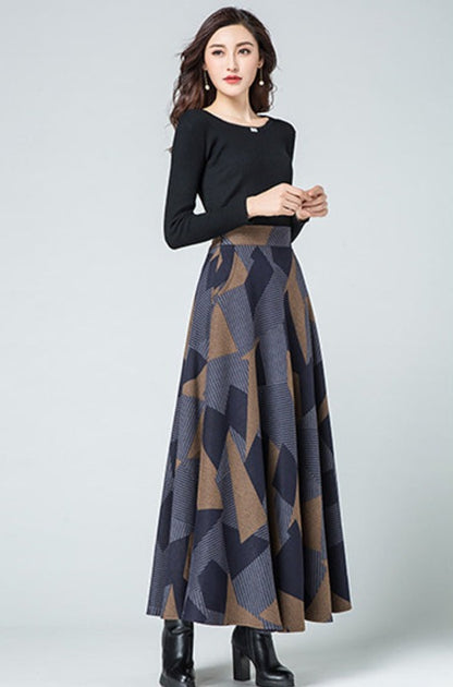 Plaid Wool Maxi Skirt - Elastic Waist, Ankle Length 2711