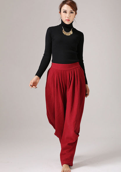 Red Linen Pleated Maxi Pants - Elastic Waist, Casual Comfort 774