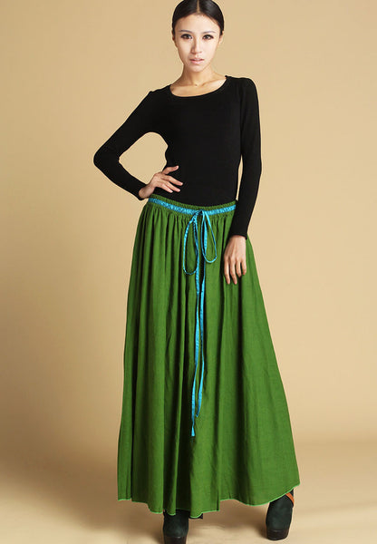 Green Linen Maxi Skirt - Elastic Waist, Flowy Silhouette 464