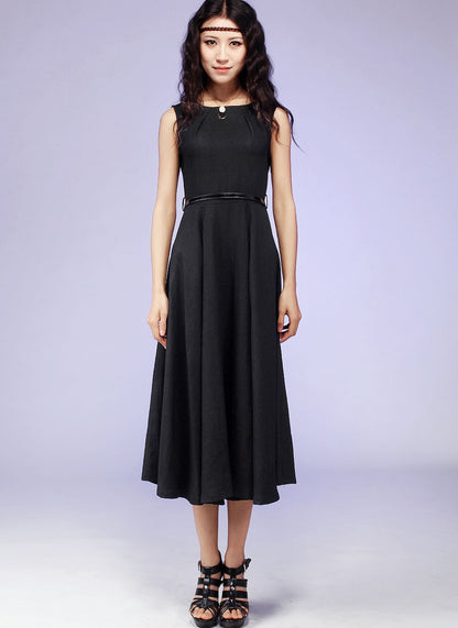 Handmade Little Black Linen Dress – Fit & Flare Swing Midi | Xiaolizi 0561