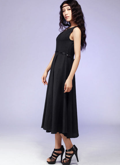 Handmade Little Black Linen Dress – Fit & Flare Swing Midi | Xiaolizi 0561