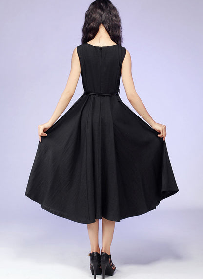 Handmade Little Black Linen Dress – Fit & Flare Swing Midi | Xiaolizi 0561