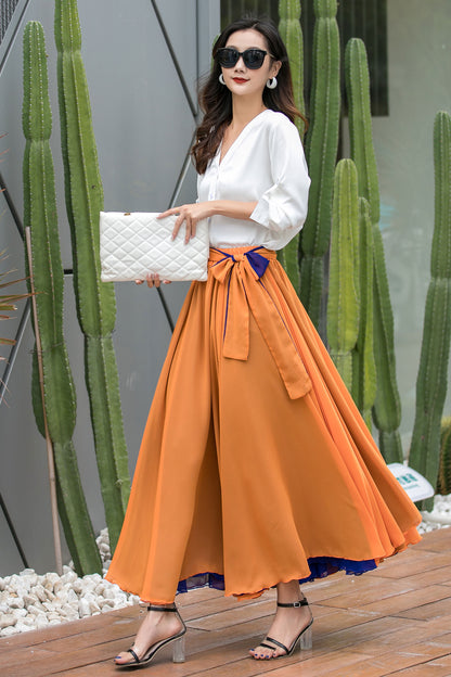 Orange Chiffon Maxi Skirt - Swing, High Waist with Belt 3540