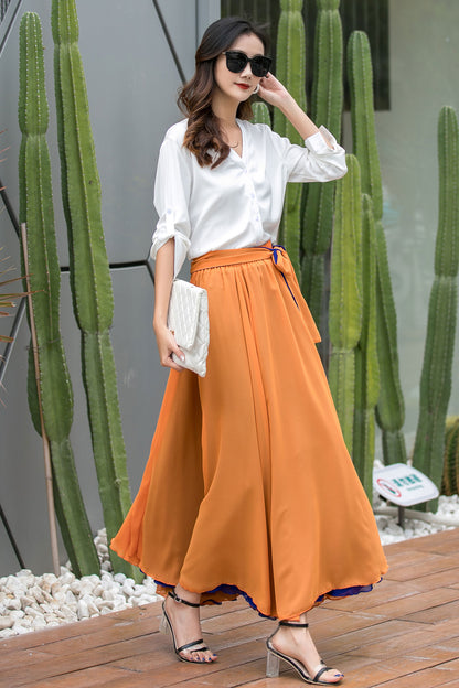 Orange Chiffon Maxi Skirt - Swing, High Waist with Belt 3540