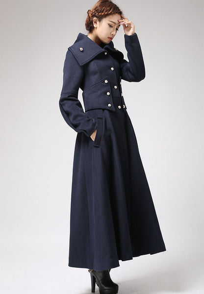 Navy Blue Wool Military Coat – Vintage Long Winter Overcoat with Silver Buttons 0701