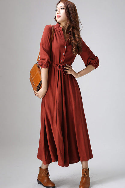 Rust Red Linen Shirt Dress Vintage Button-Front Maxi | Xiaolizi 0804 Rust Red Linen Shirt Dress Vintage Button-Front Maxi | Xiaolizi 0804