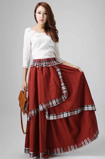 Red Linen Blend Maxi Skirt - Elastic Waist, Plaid Trim 818