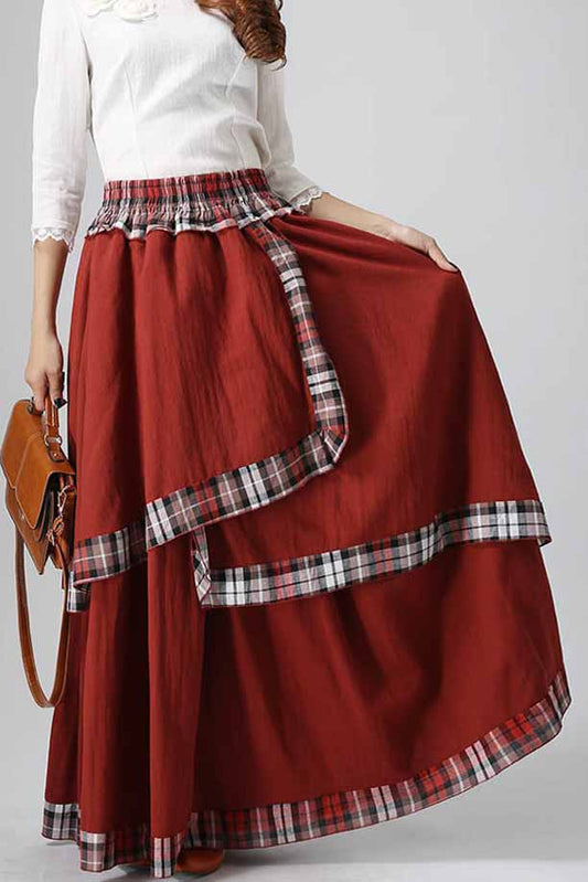 Red Linen Blend Maxi Skirt - Elastic Waist, Plaid Trim 818