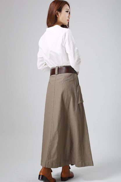 Khaki Linen Maxi Skirt – Vintage High Waist Long Skirt with Large Pockets 0820