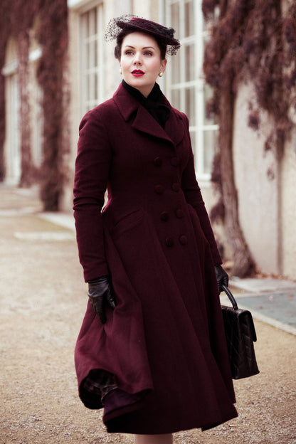Elegant Burgundy Wool Blend Coat – Handmade A-Line Long Winter Overcoat | Xiaolizi 4124