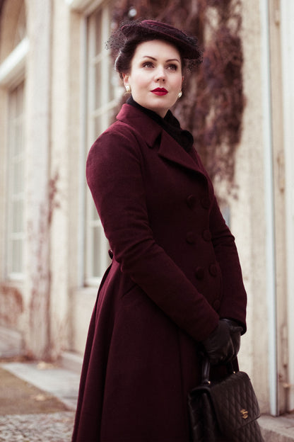 Elegant Burgundy Wool Blend Coat – Handmade A-Line Long Winter Overcoat | Xiaolizi 4124