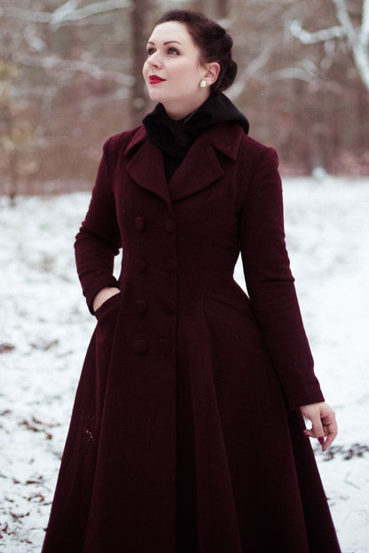 Elegant Burgundy Wool Blend Coat – Handmade A-Line Long Winter Overcoat | Xiaolizi 4124