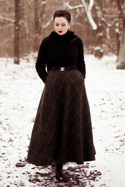 Green Plaid Wool Skirt - Full Ankle-Length with Stretch Waistband 4125