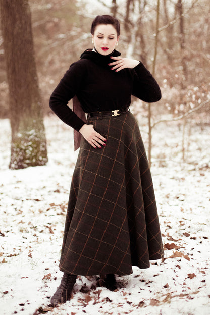 Green Plaid Wool Skirt - Full Ankle-Length with Stretch Waistband 4125