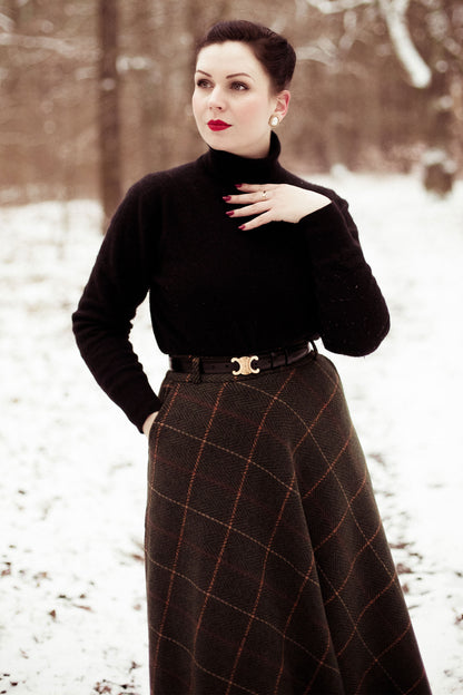 Green Plaid Wool Skirt - Full Ankle-Length with Stretch Waistband 4125