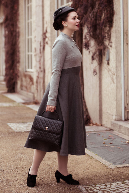 Gray Wool Blend Midi Dress - Fit and Flare, Back Zip Closure 4126