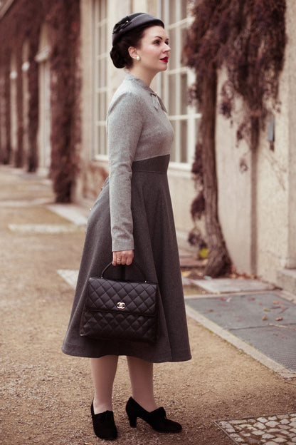 Gray Wool Blend Midi Dress - Fit and Flare, Back Zip Closure 4126