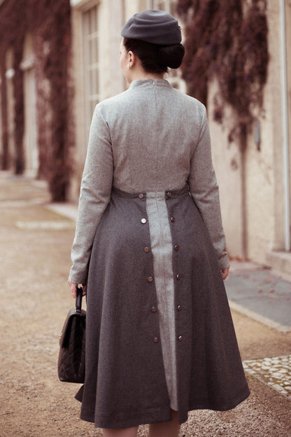 Gray Wool Blend Midi Dress - Fit and Flare, Back Zip Closure 4126