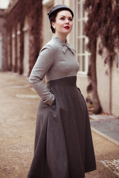 Gray Wool Blend Midi Dress - Fit and Flare, Back Zip Closure 4126