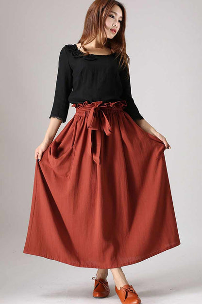 Wine Red Linen Blend Maxi Skirt - Elastic Waist with Ruffle Detail 848